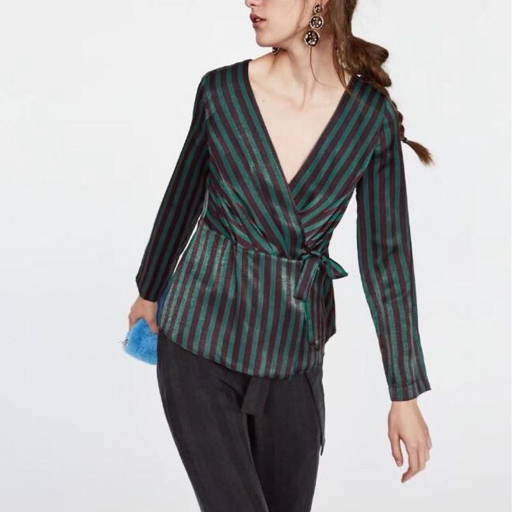 Zara Striped Sateen Wrap Blouse Medium Black